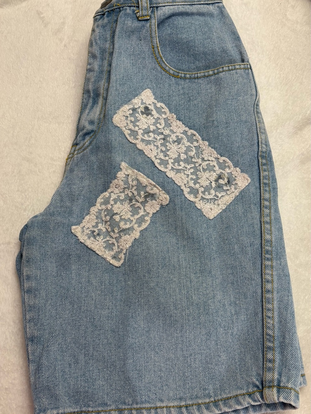 Women’s Light Blue Denim Jean Shorts with White Lace Appliqué